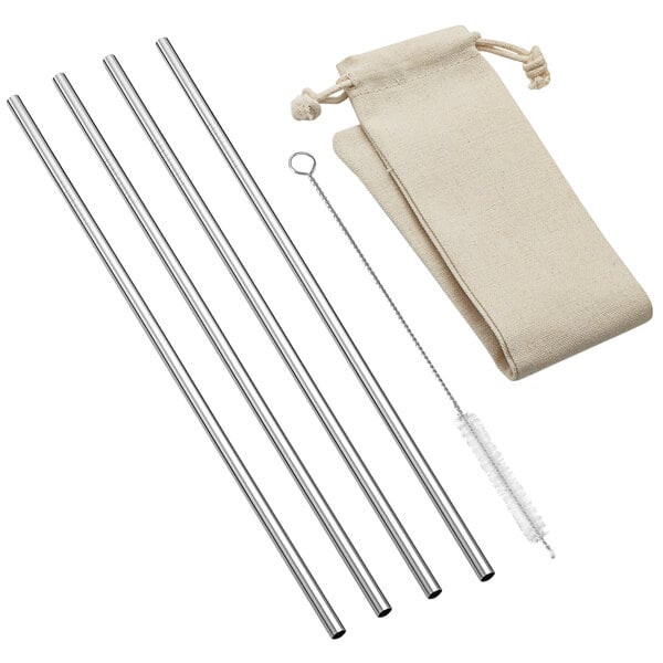 A set of Outset stainless steel straws with a bag.