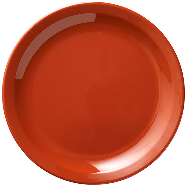 A close-up of a red Libbey Cantina melamine plate.