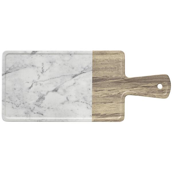 A rectangular marble and wood melamine serving board with a handle.