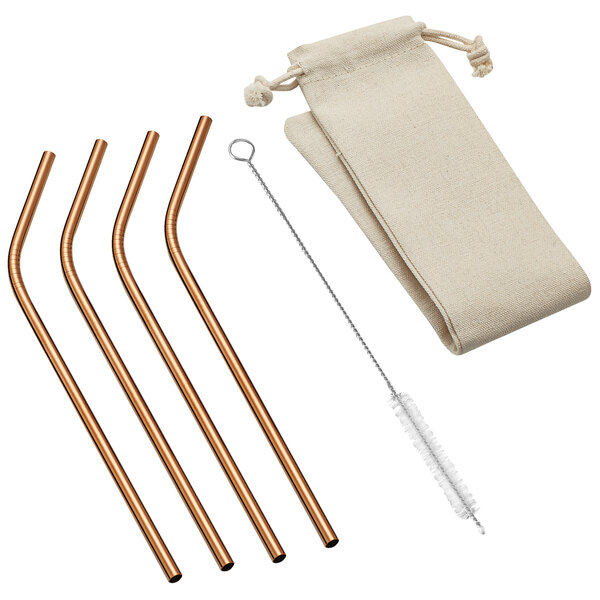 An Outset copper straw set in a bag with a straw poking out.