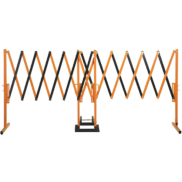 An orange and black Versare portable barrier with two poles.