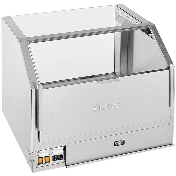 A Cretors stainless steel counter showcase warmer with a glass door.