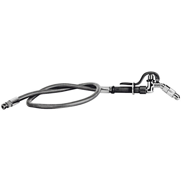 A black and silver hose with a metal nozzle and hook.