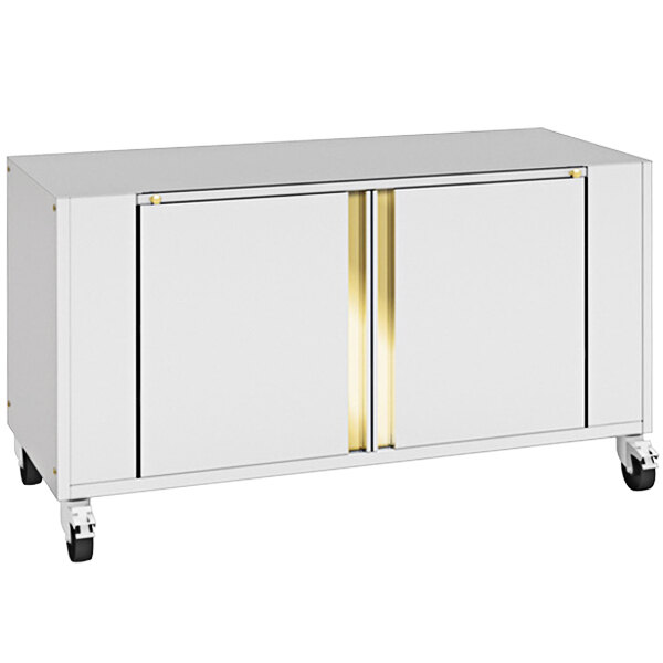A white Rotisol stainless steel base cabinet with wheels and gold trim.