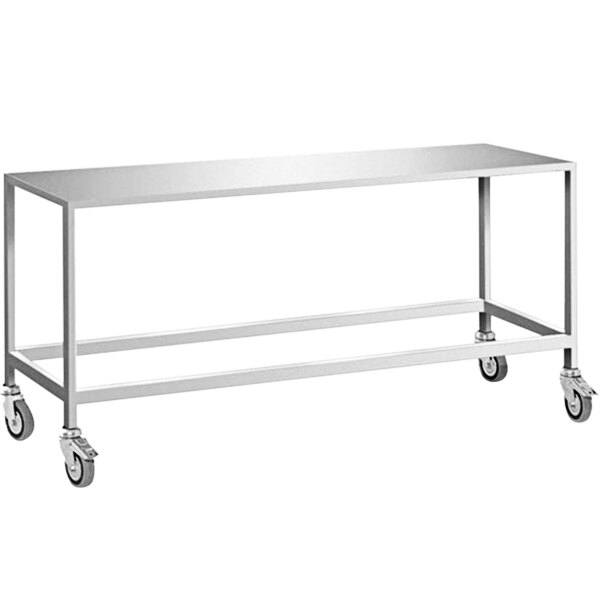 A metal rectangular table with wheels.