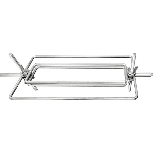 A stainless steel Rotisol-France Lamb / Suckling Pig Spit with two handles.
