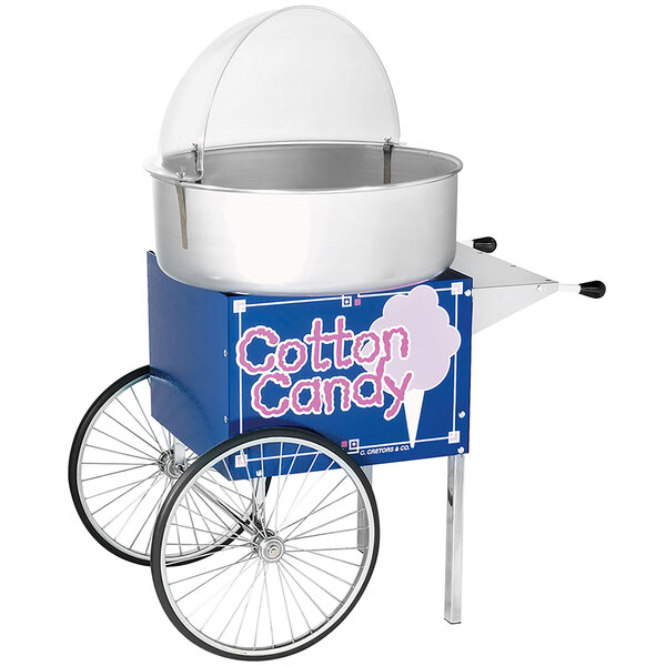 A blue and silver Cretors cotton candy cart with a blue lid.