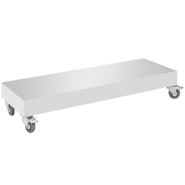 A white rectangular base with wheels for Rotisol-France rotisseries.
