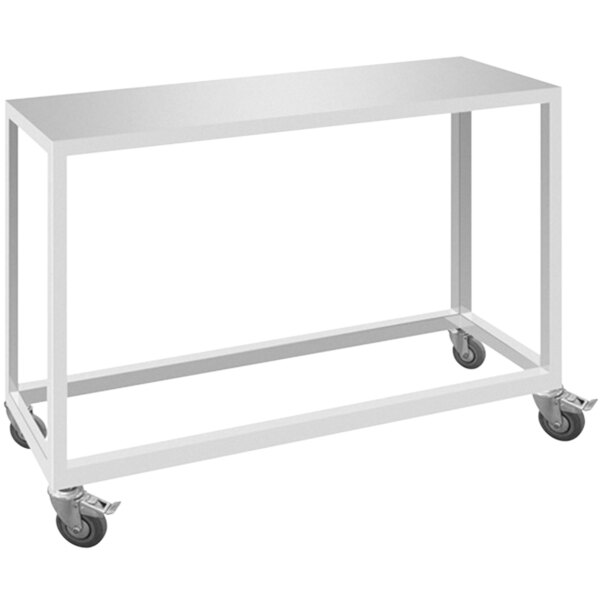 A white metal stand with wheels for a Rotisol rotisserie.