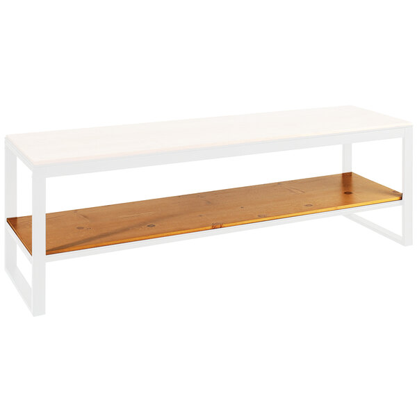 A white and brown wood shelf for a Cal-Mil merchandising table.