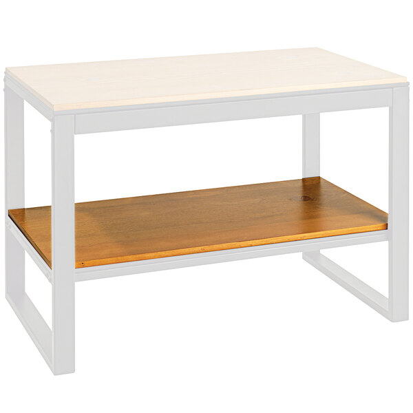 A white and wood table with a brown wood bottom shelf.