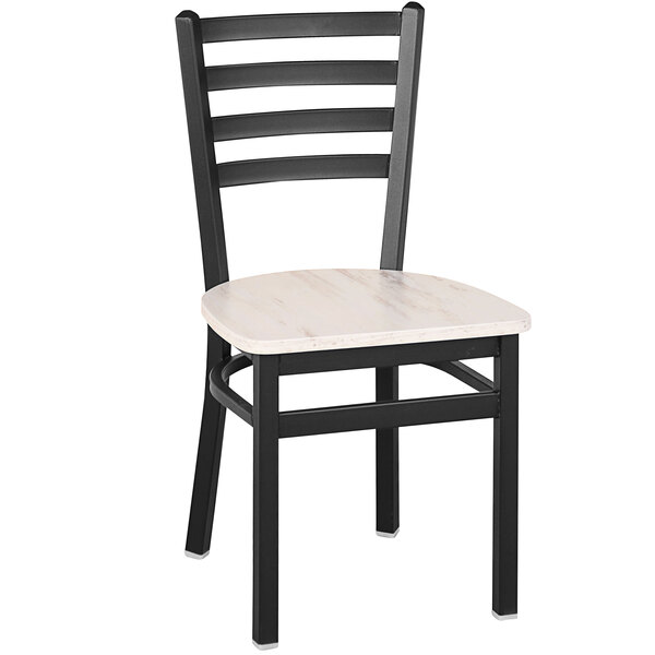 A black steel BFM Seating ladder back chair with a white seat.