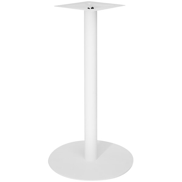 A white steel pedestal base for a round table.