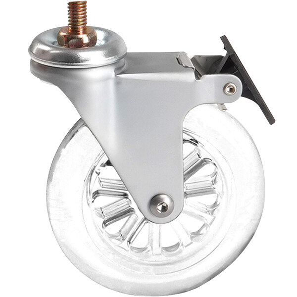 A Cal-Mil clear caster wheel with a metal screw on it.