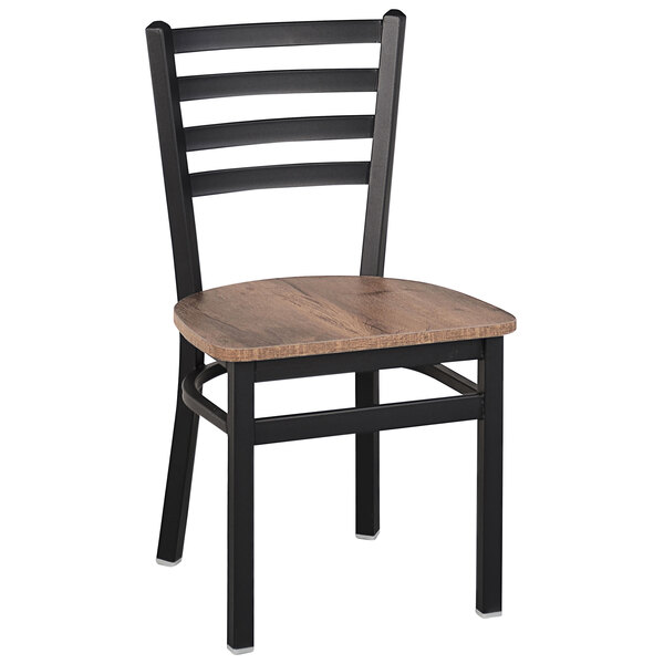 A BFM Seating Lima Sand Black Steel Ladder Back Side Chair with a wooden seat.