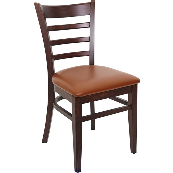 A BFM Seating Berkeley beechwood restaurant chair with light brown vinyl seat.
