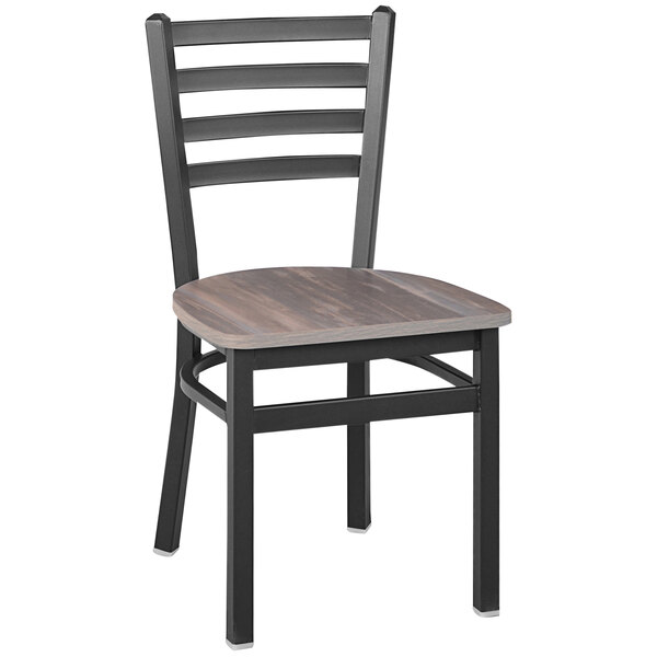A BFM Seating Lima steel ladder back side chair with a wooden seat and black metal legs.