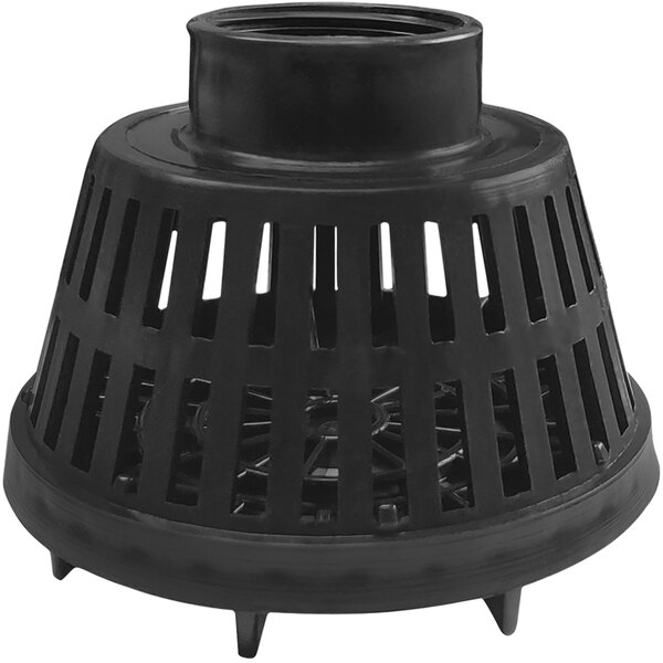 A black plastic Pacer Pumps PET strainer with a round base and a hole in the lid.