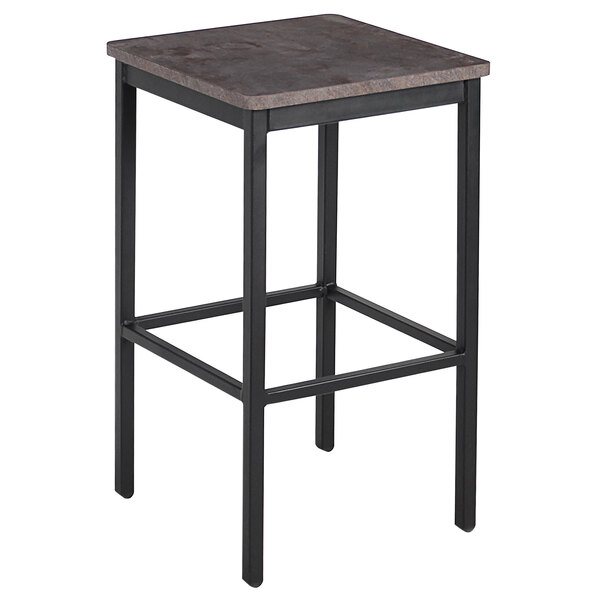 A BFM Seating black steel backless bar stool with a rustic copper seat on a table.