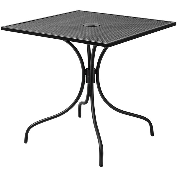 A black square BFM Seating dining table with a metal base.