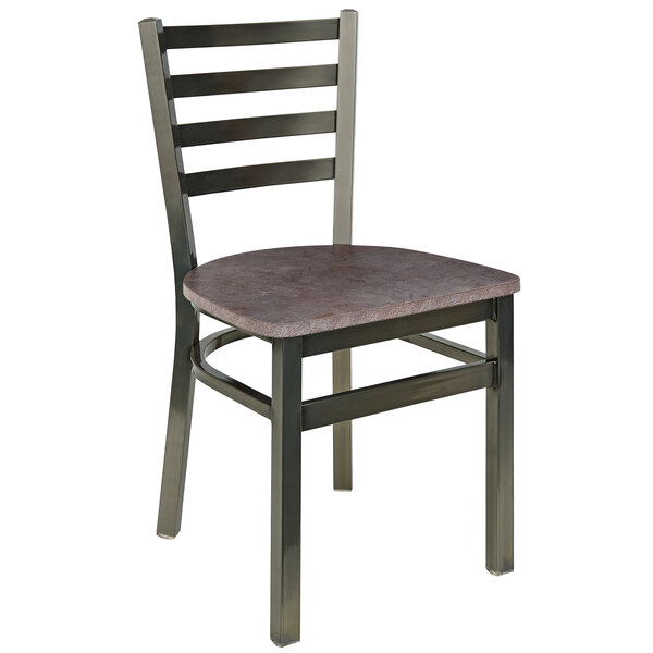 A BFM Seating Lima steel ladder back chair with a brown metal seat.