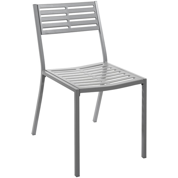 A BFM Seating Daytona soft gray powder-coated steel stackable side chair with a slatted back.