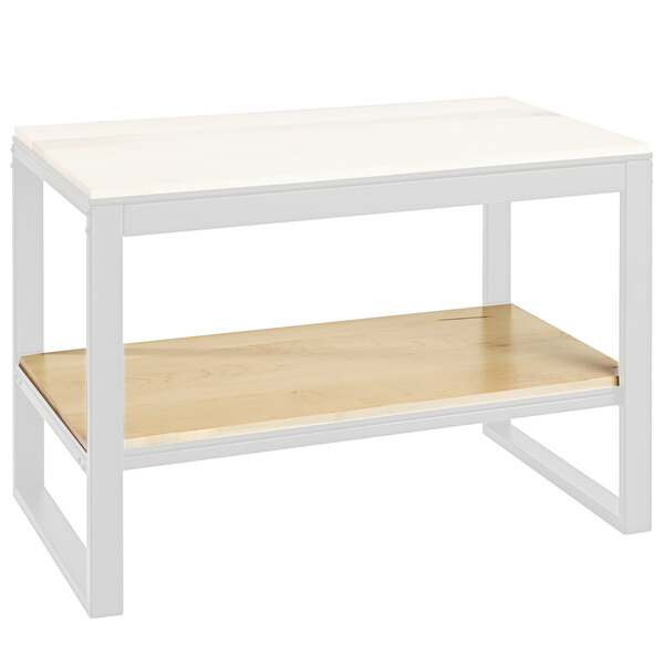 A white table with a maple bottom shelf.