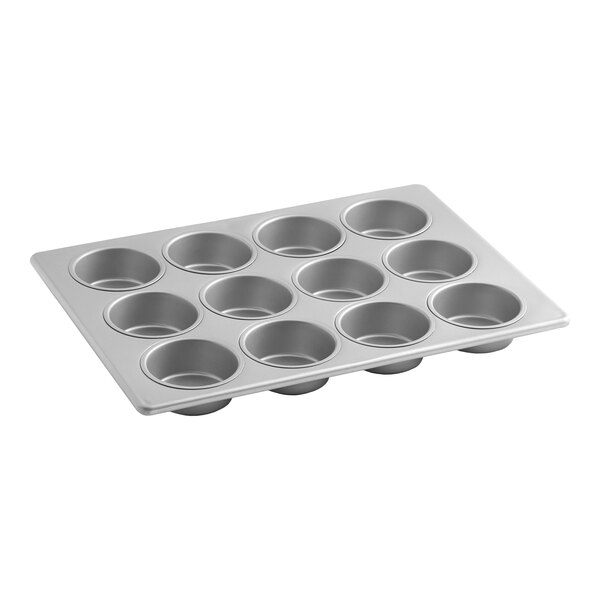 A 12-cup glazed aluminized steel jumbo muffin or cupcake pan.