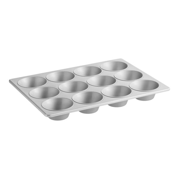 A 12-cup glazed aluminized steel muffin pan designed for baking jumbo muffins or pecan rolls.