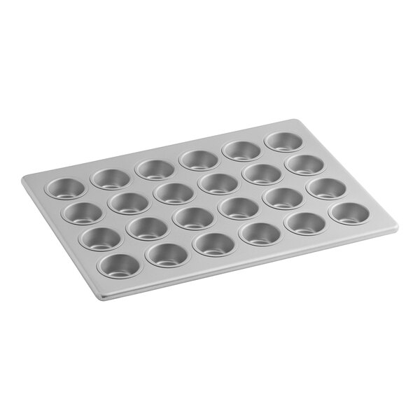 A 24-cup glazed aluminized steel mini muffin or cupcake pan measuring 13 by 18 inches.