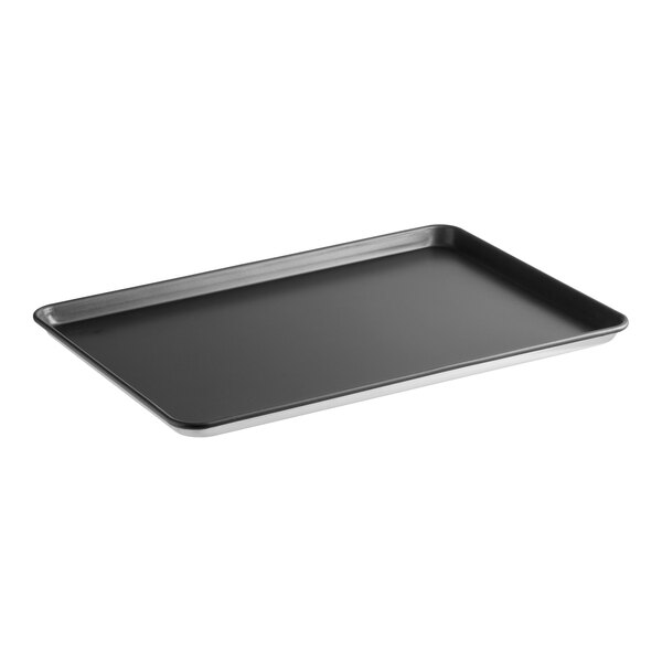 A full size non-stick aluminum bun or sheet pan with a wire in rim, measuring 18 by 26 inches.