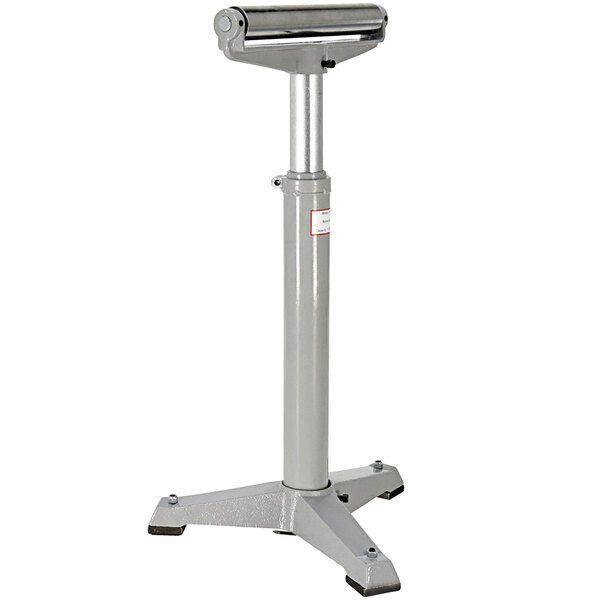 A silver Vestil steel roller stand with a large roller on top.