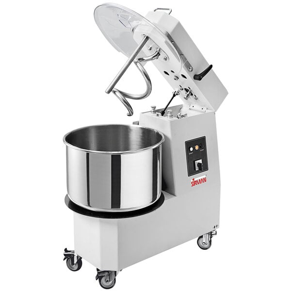 A Sirman Hercules dough mixer with a large bowl on wheels.