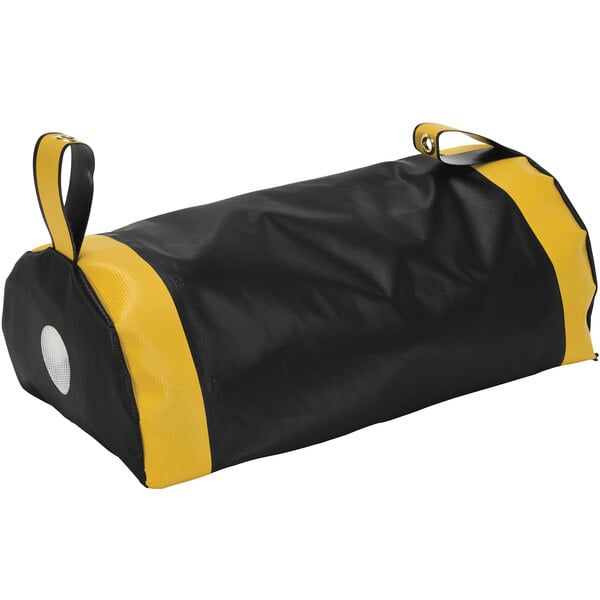 A black and yellow bag with a yellow handle.