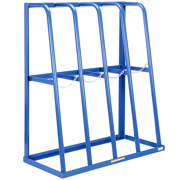 A blue metal Vestil storage rack with chains.
