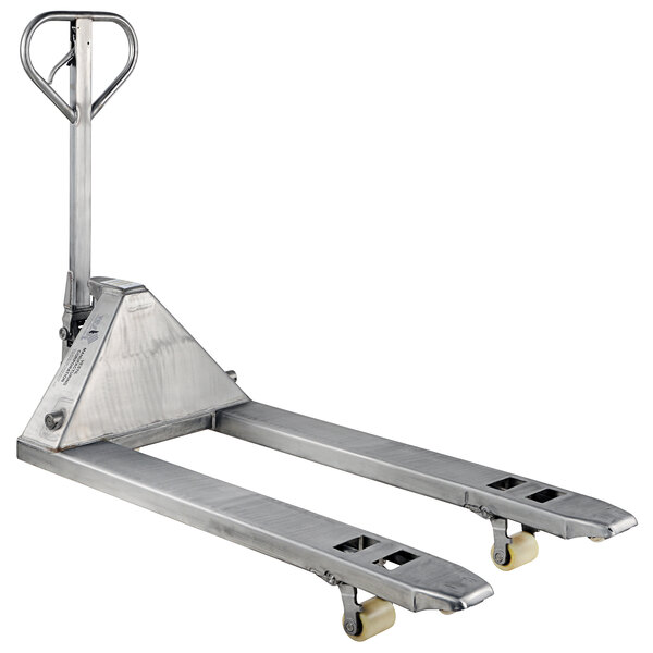A silver Vestil stainless steel pallet truck with wheels.