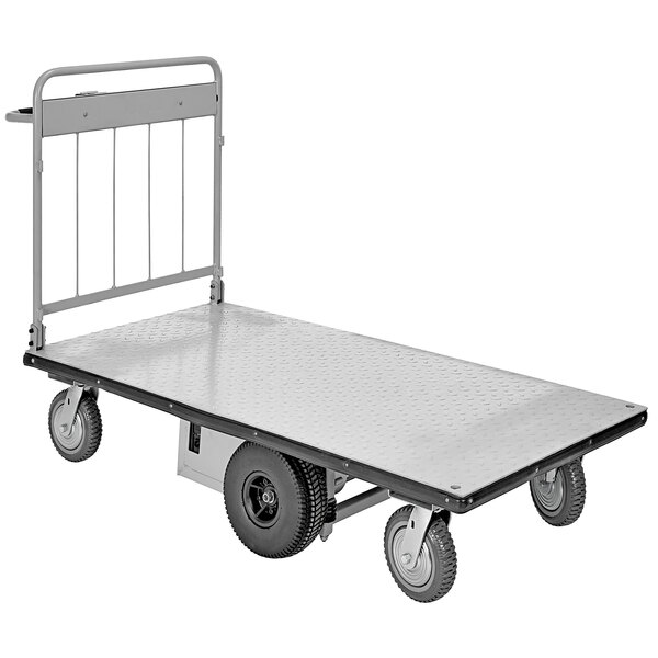 A Vestil electric material handling cart with a metal platform and wheels.