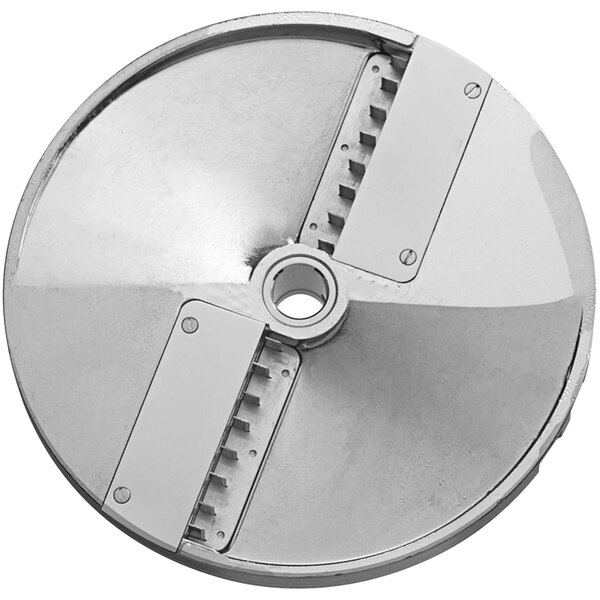 A circular metal Sirman Julienne Cutting Disc with two blades and holes.