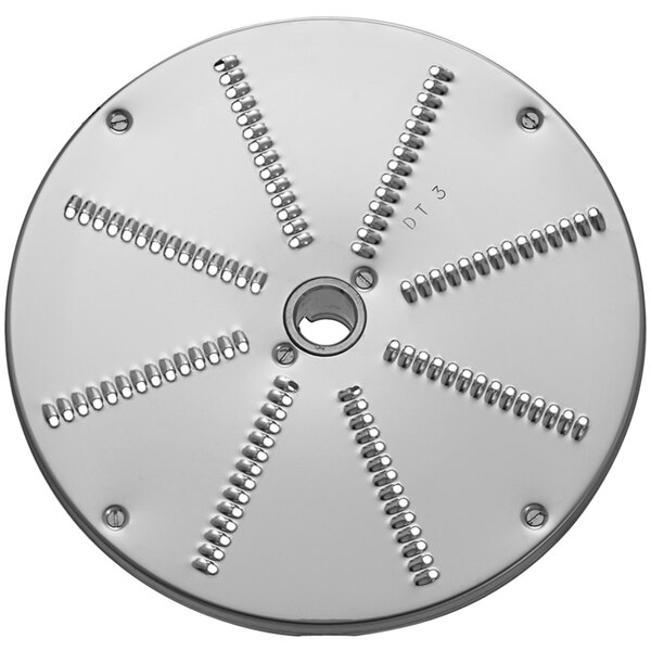 A circular metal Sirman grating / shredding disc with holes.