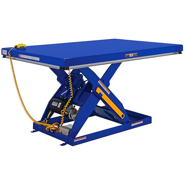 A blue Vestil scissor lift table with a yellow handle.