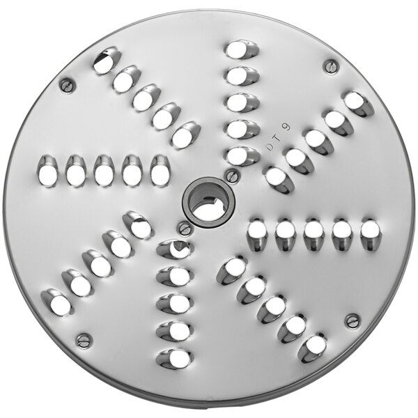 A circular metal Sirman Grating / Shredding Disc with holes in it.