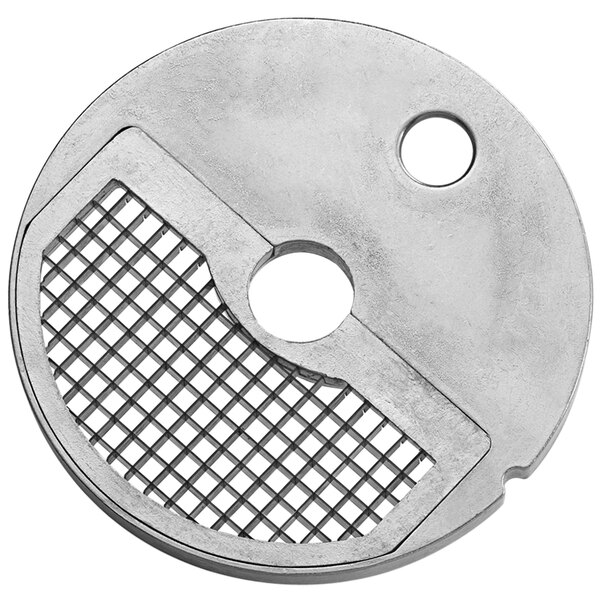 A circular metal dicing grid with holes.
