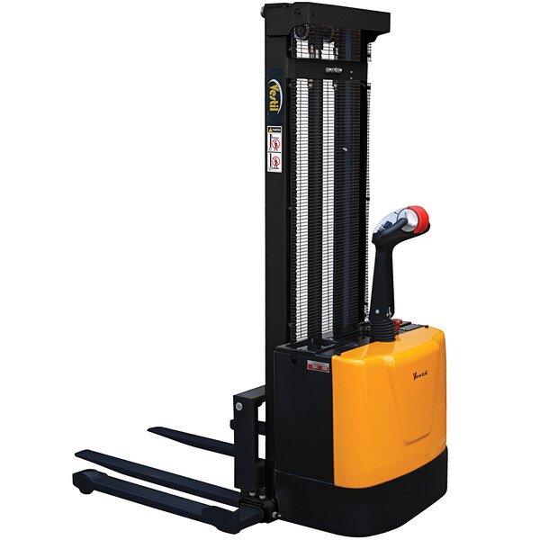 A yellow and black Vestil powered forklift stacker.