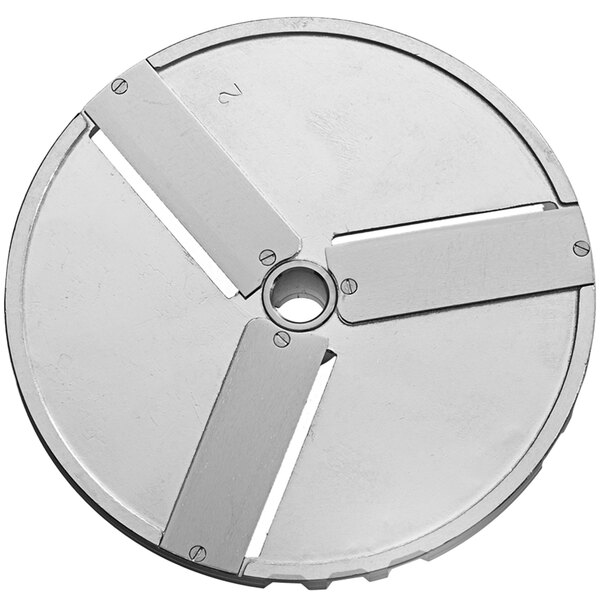 A circular metal Sirman slicing disc with four blades and holes.