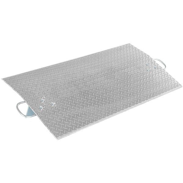 An aluminum Vestil dock plate with a diamond plate surface and handles.