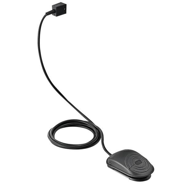 A black electronic device with a black and white cord and plug.