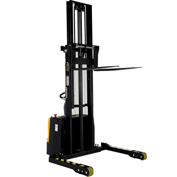 A black and yellow Vestil powered dual mast forklift with adjustable forks.