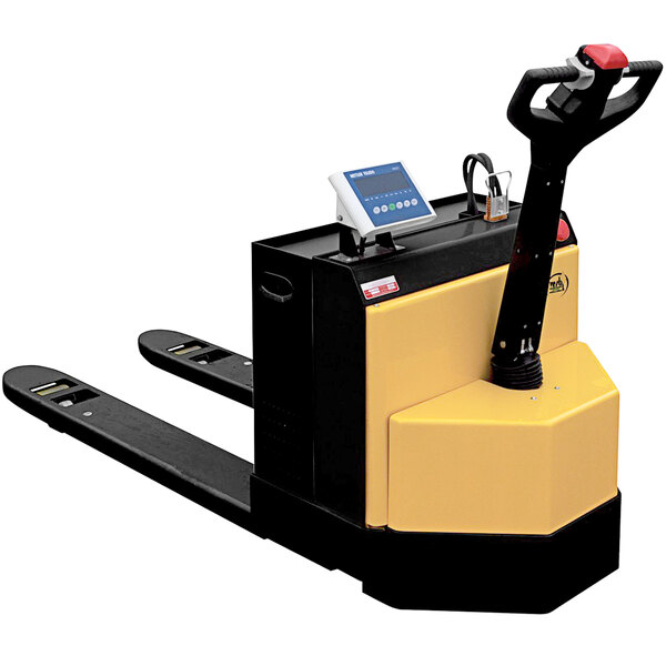 A yellow and black Vestil electric pallet truck with scale.