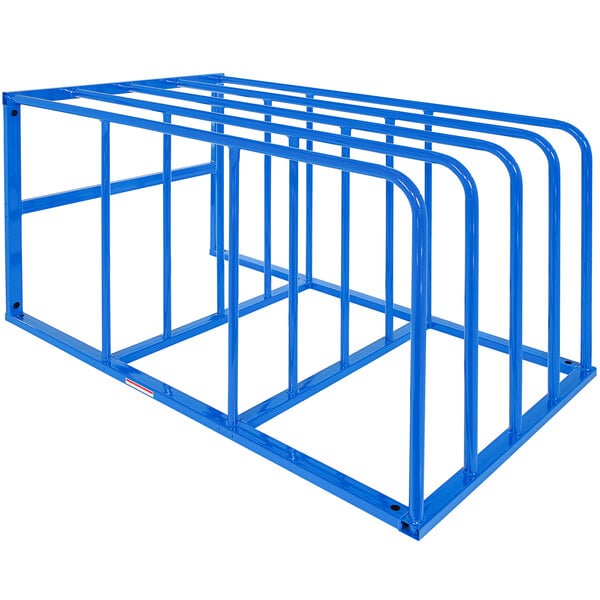 A blue metal frame with metal bars for storing sheets of steel.
