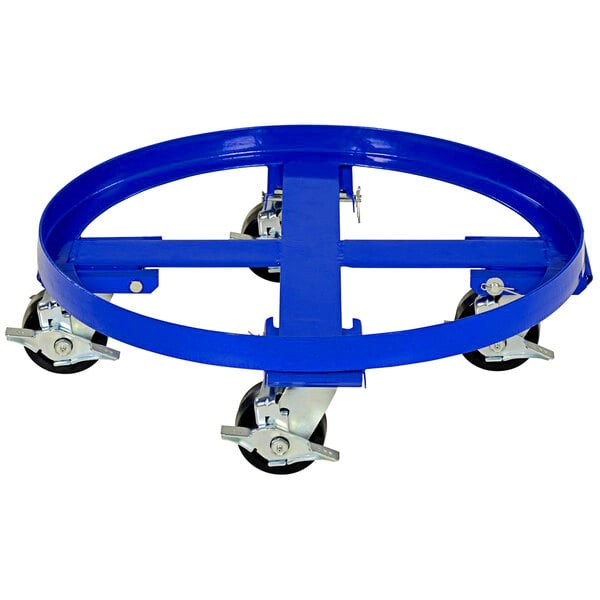 A blue Vestil heavy-duty steel drum dolly with four wheels.